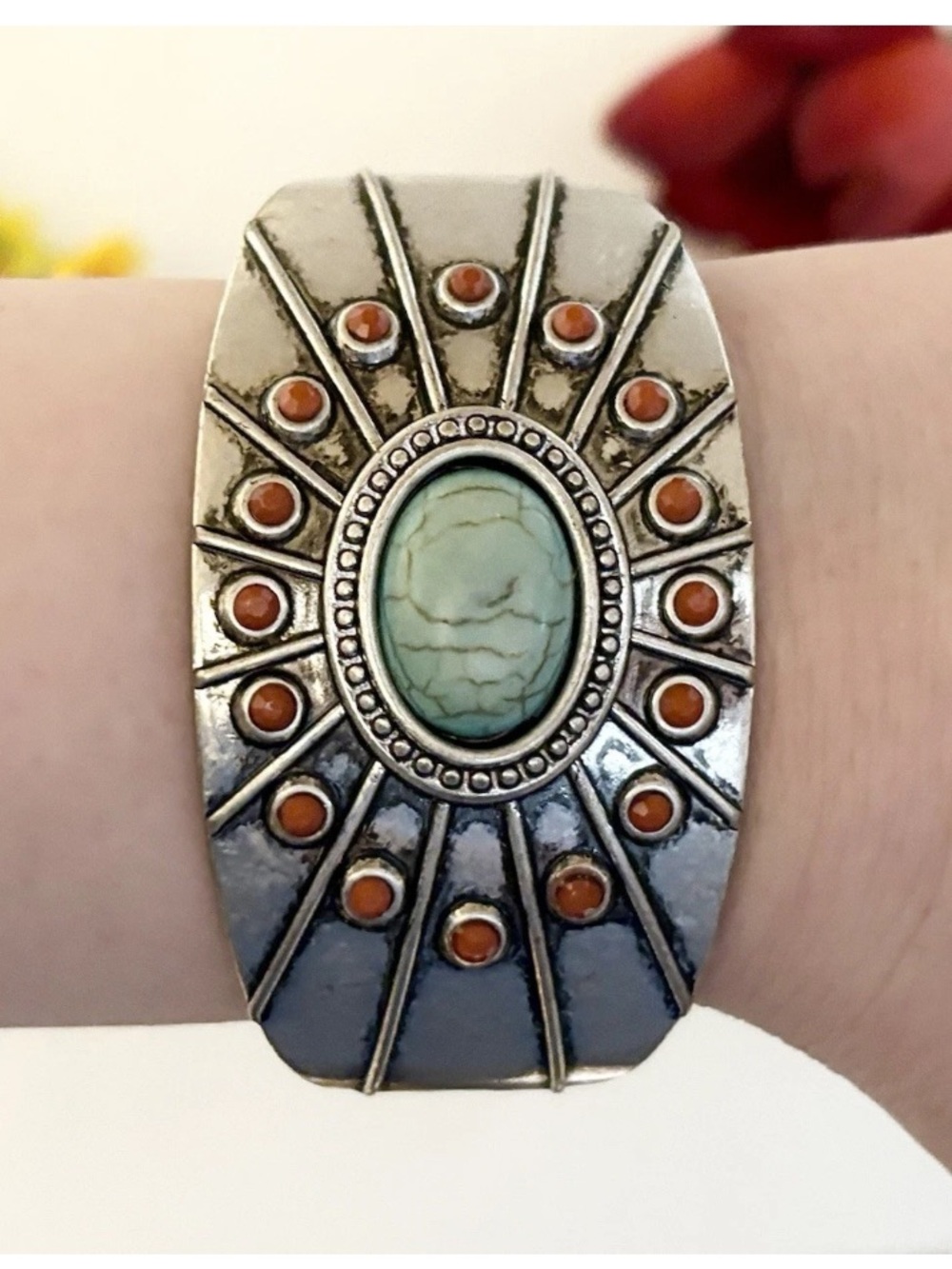 Vintage Navajo Himalayan Hinged Cuff Bracelet Turquoise / Red Mosaic Stone Beads